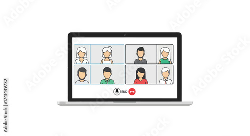 Laptop displaying a grid of diverse people in a video conference call.
