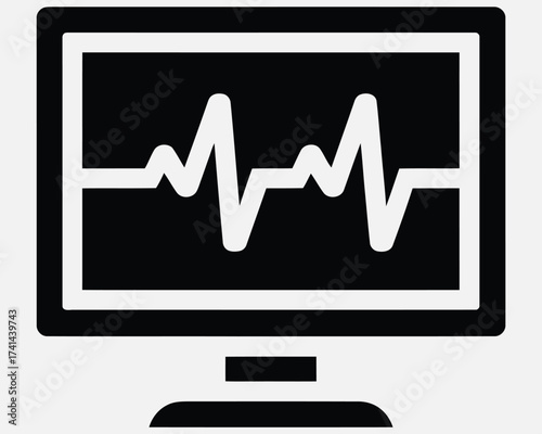 Black silhouette icon depicting a monitor with a heartbeat graph, symbolizing health, medical care, and digital monitoring
