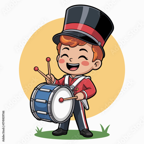 A joyful young drummer is widely smiling while playing his snare drum, showcasing a festive atmosphere with a tall hat and bright uniform in a lively setting.