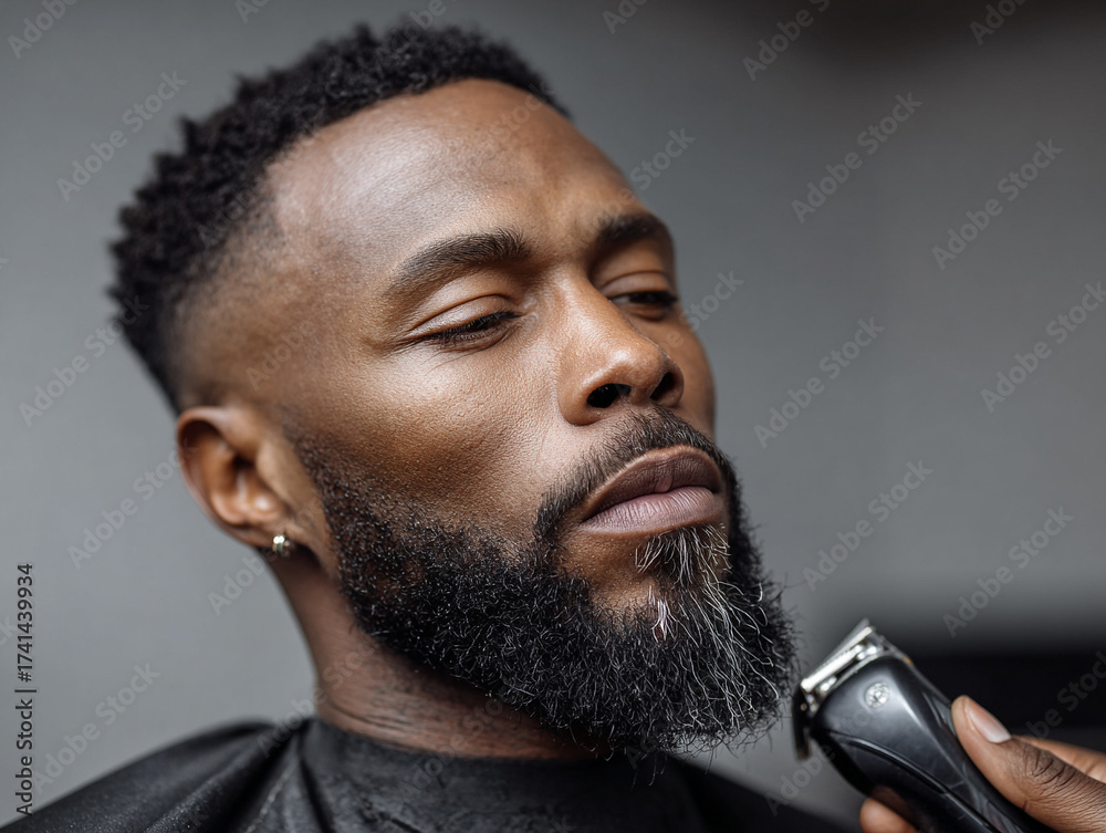 Obraz premium Black man receiving a professional beard grooming in a stylish barbershop, clipper action frozen mid-air 