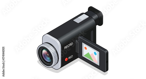 Modern Black Digital Camcorder with Fold-out Screen and Lens.