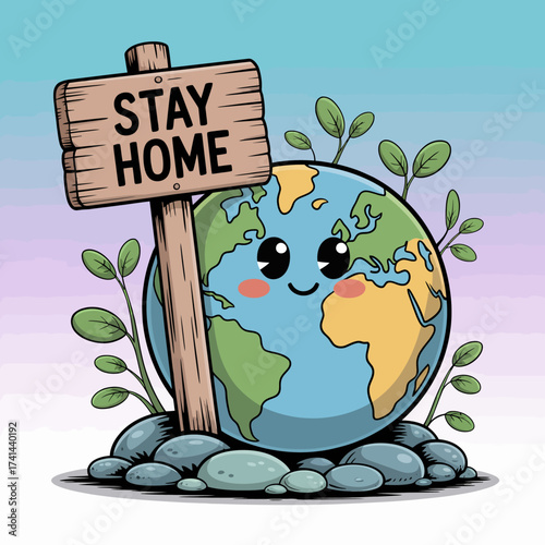 A cheerful globe features a wooden sign saying 'Stay Home,' symbolizing the importance of home and nature during challenging times with a whimsical touch of greenery.