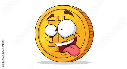 Cartoon Bitcoin Coin with Goofy Expression and Tongue Out.