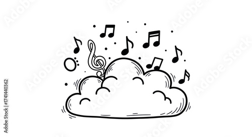 Whimsical Cloud with Musical Notes and Treble Clef.