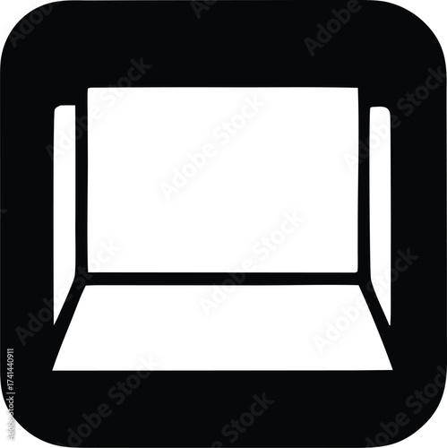 Minimalist black and white icon representing an open box or container showing an empty interior space