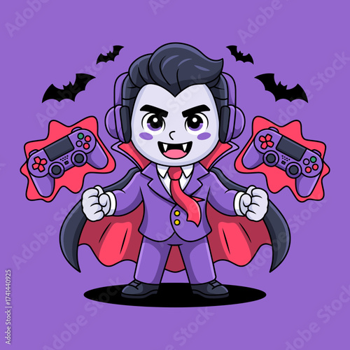 This fun illustration features a charismatic vampire sporting headphones confidently holding gaming controllers, merging classic horror with modern gaming culture in a playful way.