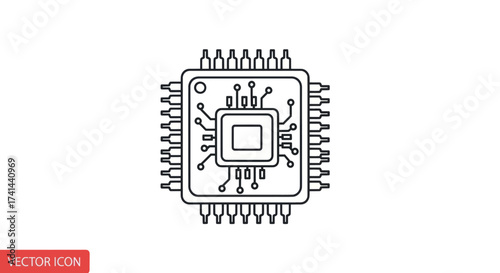 Detailed Outline Illustration of a Microprocessor Chip with Pins.