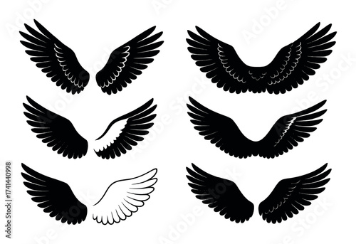 Set of black wings in various styles on dark background