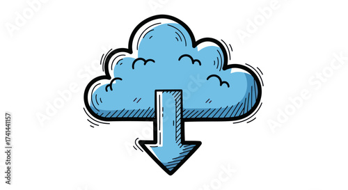 Hand-drawn blue cloud icon with a downward arrow symbol.