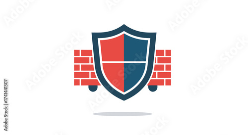 Colorful Shield and Brick Wall Security Protection Icon.