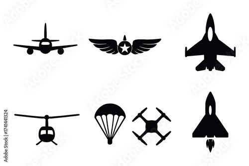 Silhouette icons of aircraft, drone, parachute, and wings
