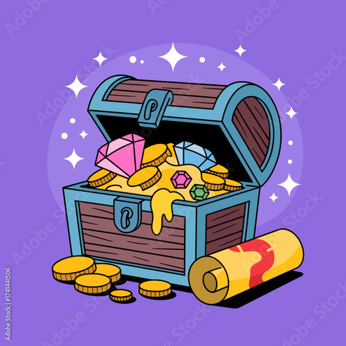A vibrant treasure chest filled with colorful gems and gold coins, sparkling under a bright aura, representing wealth, adventure, and hidden treasures waiting to be discovered.