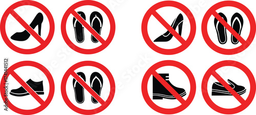 Red prohibition signs showing different footwear shoes