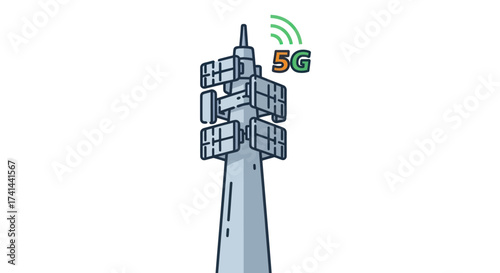 Cartoon Illustration of 5G Cellular Tower with Antennas.