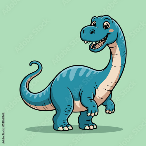 This cartoon dinosaur character, featuring a friendly smile, is illustrated in bright colors, showcasing a joyful, approachable personality that appeals to both kids and adults alike.