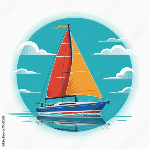 A vibrant sailboat with red and orange sails floats peacefully on a calm body of water, reflecting its colors beautifully under a bright blue sky filled with clouds.