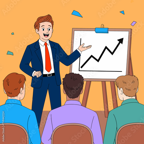 An illustration of a confident speaker presenting to an audience, highlighting a positive growth chart, symbolizing motivation, learning, and success in business environments.