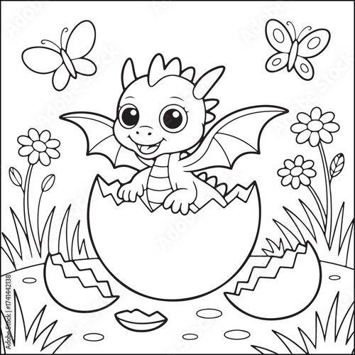 Baby dragon black and white coloring pages for teens and adults.