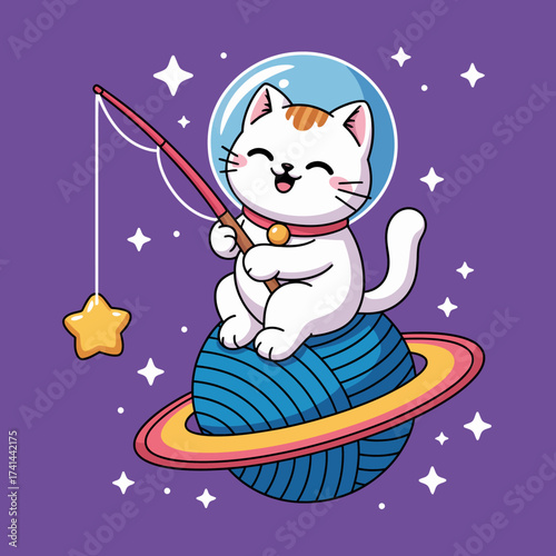 An adorable illustration of a cat in a space helmet joyfully fishing for stars while sitting on a celestial planet, blending fun and creativity with a touch of cosmic whimsy.
