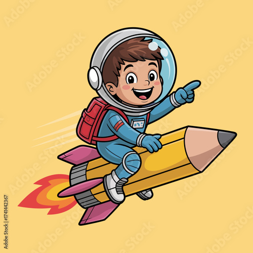 A joyful young astronaut in a space suit gleefully rides a bright pink pencil rocket with a backpack, symbolizing imagination and adventurous spirit in a whimsical artistic style.