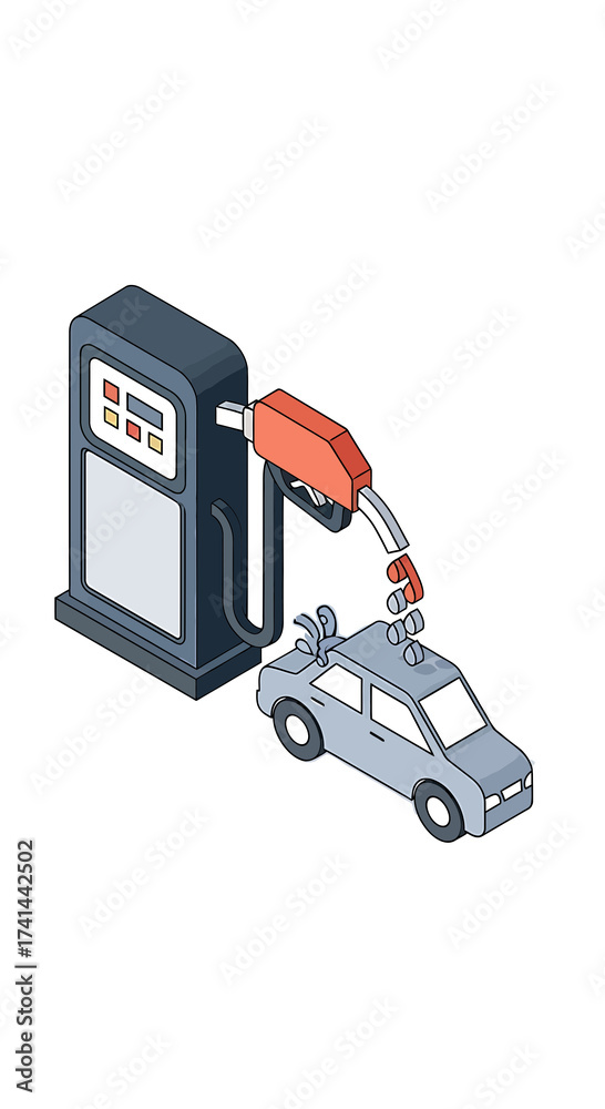 Fototapeta premium Isometric illustration of a gas pump dispensing coins into a car, symbolizing high fuel costs and financial burden.
