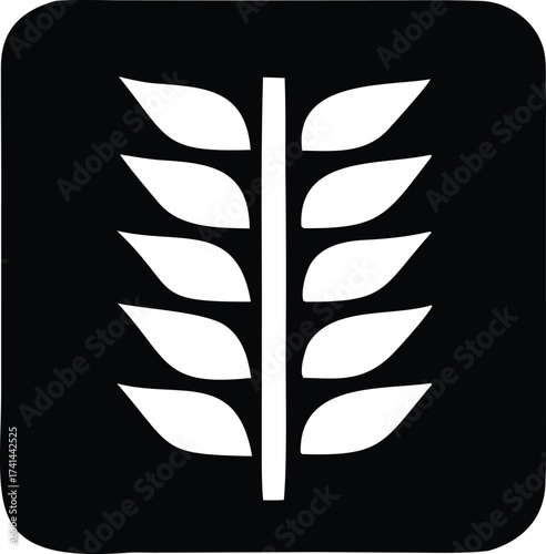 Minimalist white wheat stalk icon on black square background perfect for food agriculture and healthy eating concepts