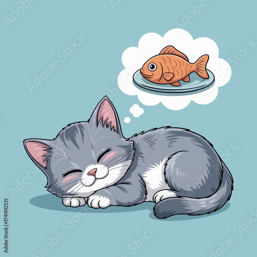 A cozy gray cat is sleeping soundly with a thought bubble picturing a fish dinner, capturing the innocence and simplicity of feline dreams and appetites.