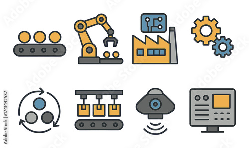 Industrial automation icons: robotics, production, conveyor systems, gear, manufacturing