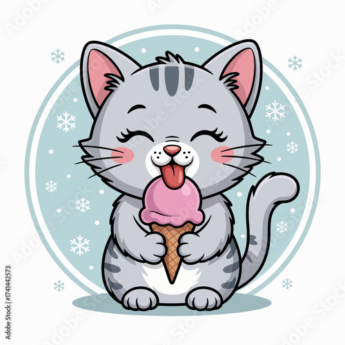 A joyous gray kitten happily holds an ice cream cone, showcasing a delightful and sweet moment that embodies happiness, playfulness, and love for treats.