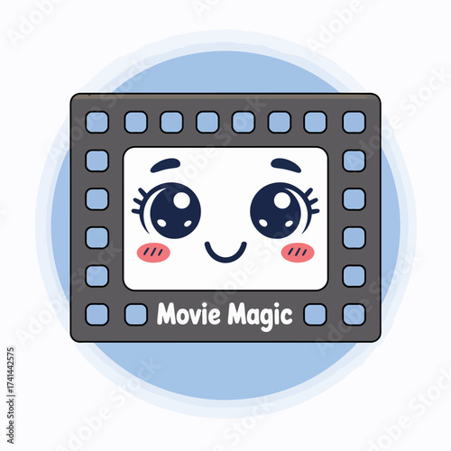 This cheerful cartoon filmstrip character embodies movie magic, showcasing a smiling face that engages audiences and represents the joy of cinema in a vibrant style.