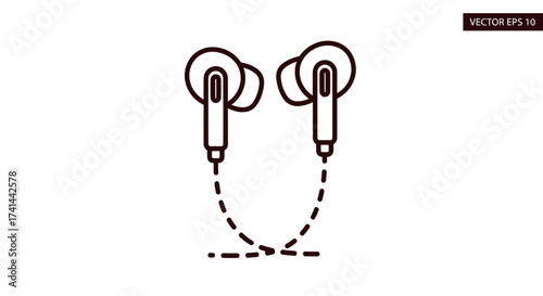 Simple Line Art Illustration of Wireless Earbuds with Connecting Cable.