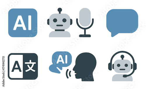 Ai and language tools icons with robot, microphone, and headset on blue background
