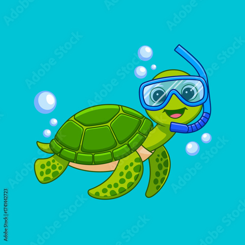 A cheerful cartoon turtle wearing snorkeling gear swims happily in a vibrant blue ocean, surrounded by bubbles that add a playful touch to the scene.