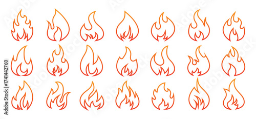 Set of Flame vector icon. Campfire flame, fire flames, fireball, wildfire and red hot bonfire, red fiery flames vector design