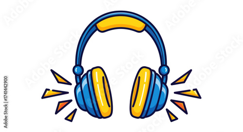 Vibrant Blue and Yellow Cartoon Headphones with Sound Waves.
