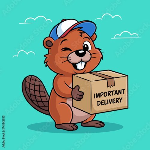 A friendly beaver with a baseball cap delivers an important package, highlighting themes of responsibility and fun in an engaging and cheerful illustration for children.