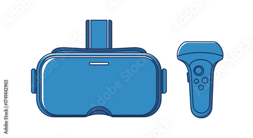 Blue Virtual Reality Headset and Controller Flat Illustration.