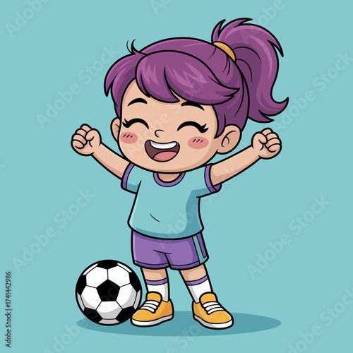 This vibrant illustration features a happy child in a soccer uniform celebrating a goal, showcasing joy, excitement, and the thrill of sportsmanship in children's lives.