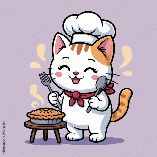 This charming cat chef, proudly holding utensils beside a freshly baked pie, epitomizes joy in cooking and the warmth of homemade meals in a delightful artistic portrayal.