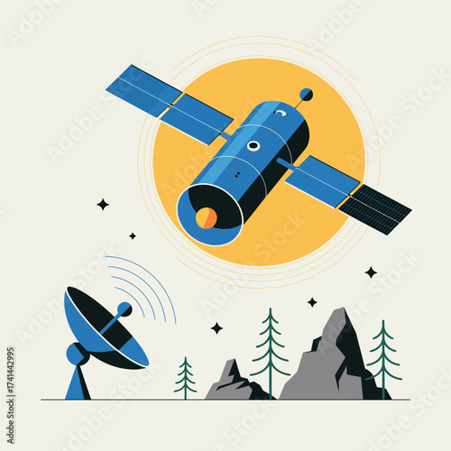 A sleek and modern illustration of a satellite in space communicating with a ground dish, highlighting the importance of technology and exploration in our lives.