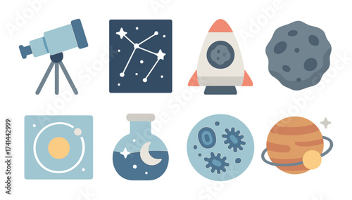 Colorful space icons featuring telescope, rocket, asteroid, and planet illustrations