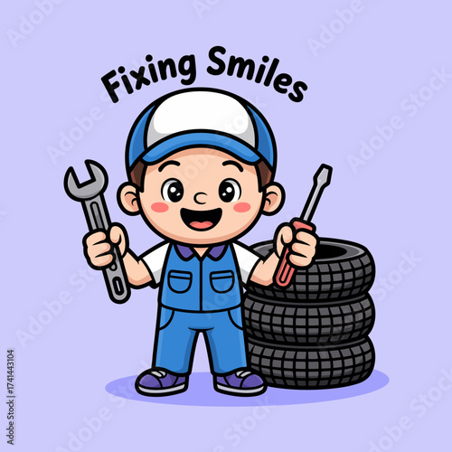 A joyful child in a blue outfit holds a wrench and a screwdriver next to used tires, portraying the essence of happiness in fixing things and playful engagement with tools.