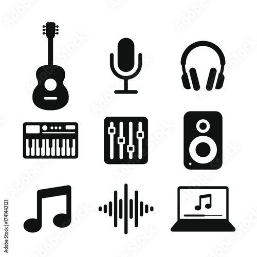 Set of music and audio icons including guitar, microphone, headphones, keyboard, mixer, speaker, music note, sound wave, and laptop in black silhouette design isolated on white background