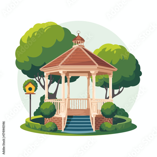 This serene illustration features a charming gazebo nestled among lush trees, depicting an inviting outdoor space perfect for relaxation and enjoyment of nature's beauty.