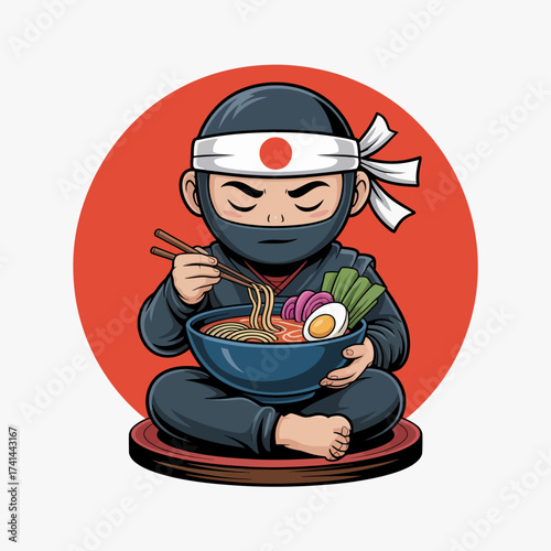 A cute ninja character sits cross-legged, skillfully using chopsticks to eat a delicious bowl of ramen, showcasing a blend of culture and playful culinary enjoyment.