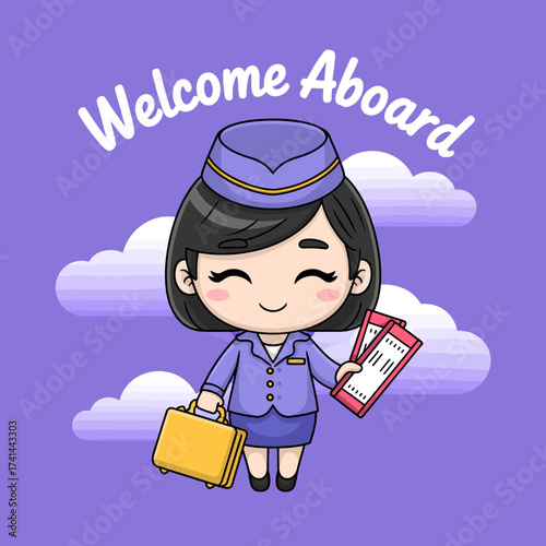 A cheerful flight attendant smiles warmly while holding boarding passes, symbolizing the excitement of travel and adventure in the skies, ensuring passengers feel welcome and ready.