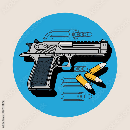 This striking illustration depicts a stylized handgun with bullets, representing themes of power, conflict, and dynamics in a visually engaging manner.