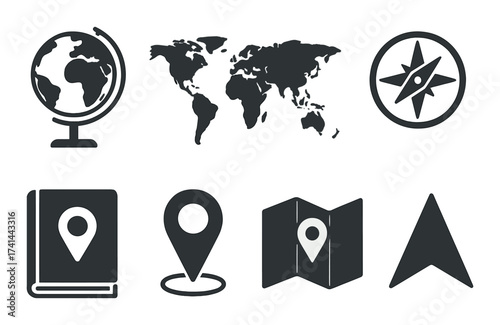 Dark themed map icons including globe, compass, and location markers on black background