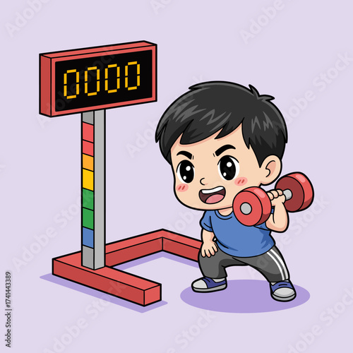 A cheerful illustration of a young boy lifting a dumbbell while smiling, expressing enthusiasm and determination in his fitness journey and healthy lifestyle.