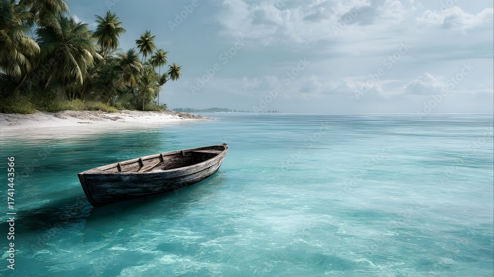 Fototapeta premium A weathered wooden rowboat floats serenely on vibrant turquoise ocean water with a tropical island fringed by palm trees in the background